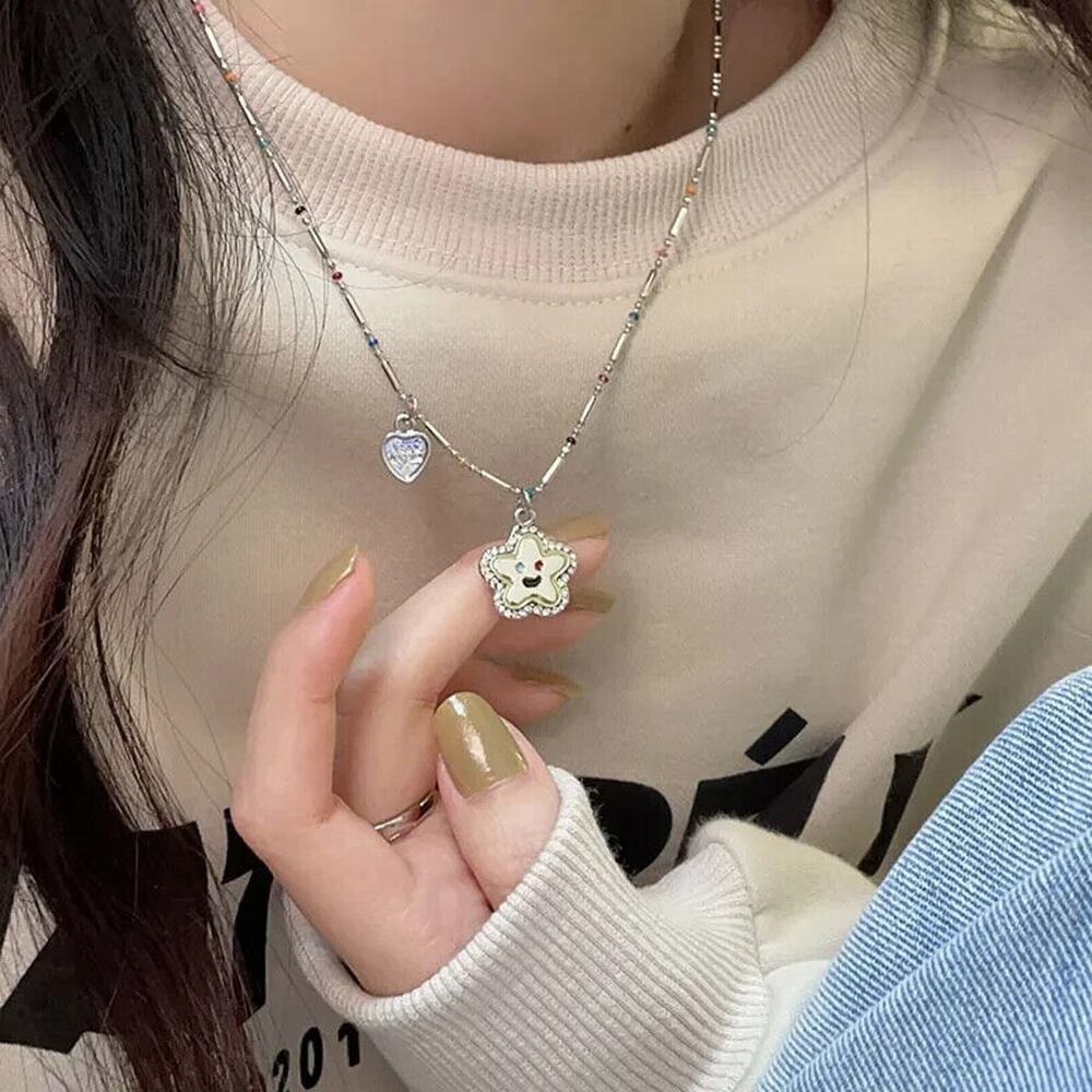 NYU NYU Silver Flower Smiley Face Necklace Rhinestone Chain Boho‎ Artsy Pendant